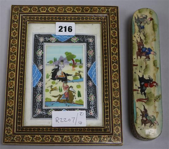 A Persian pencil box and frame